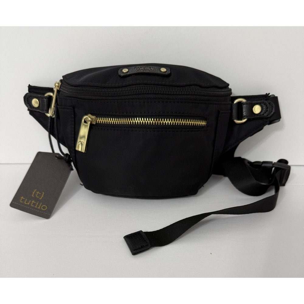 Tutilo New York Black Nylon Fanny Pack Bag Gold Travel Zipper Adjustable Strap